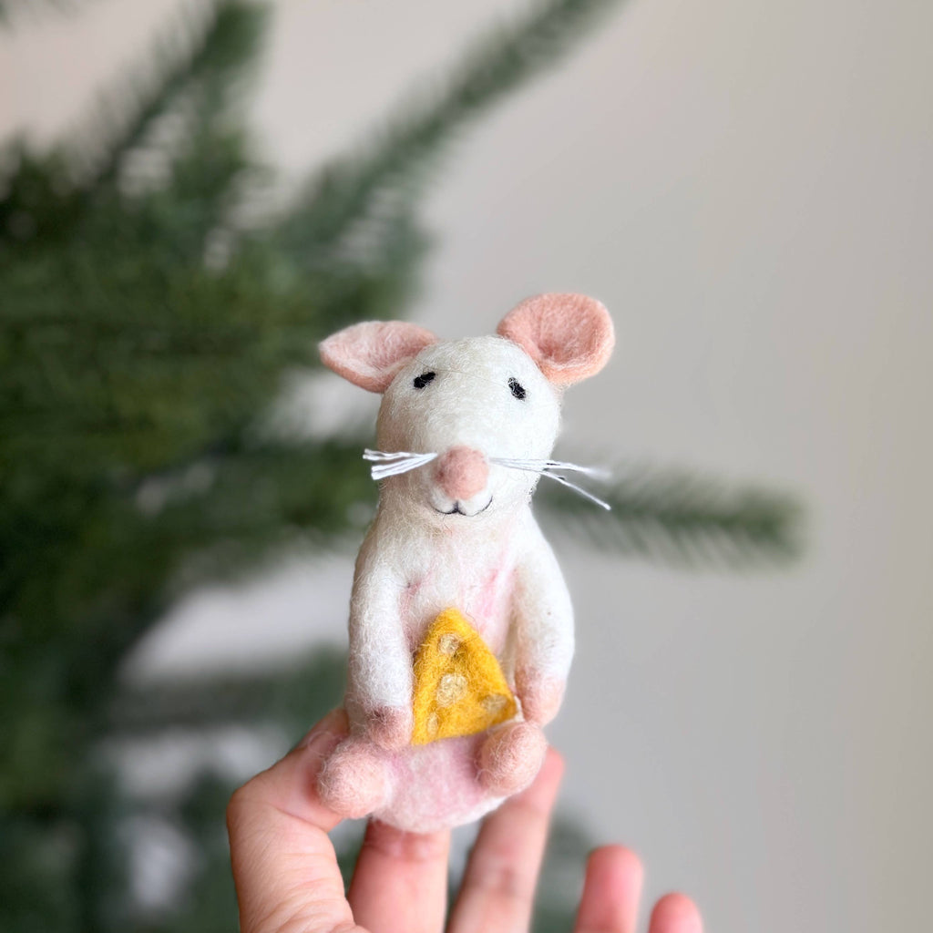 White Mouse Holding Cheese Finger Puppet
