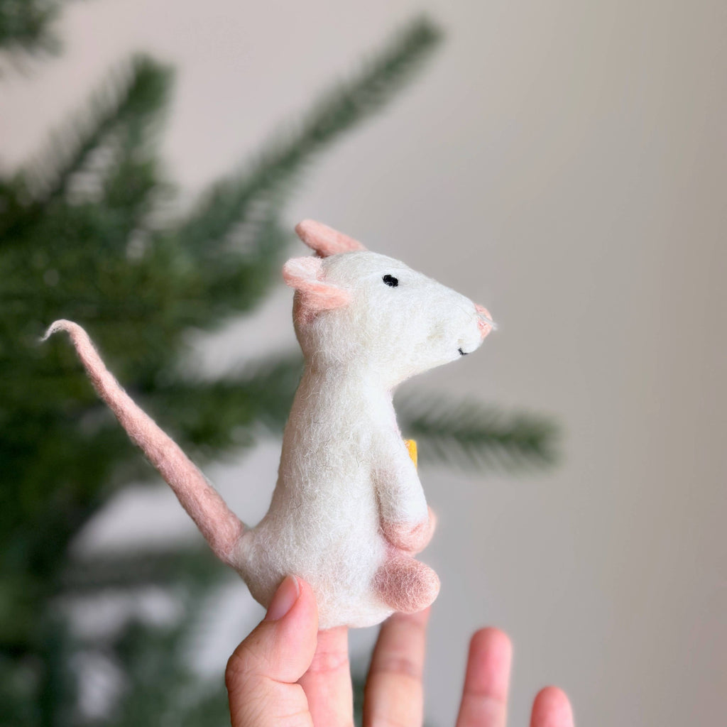 White Mouse Holding Cheese Finger Puppet