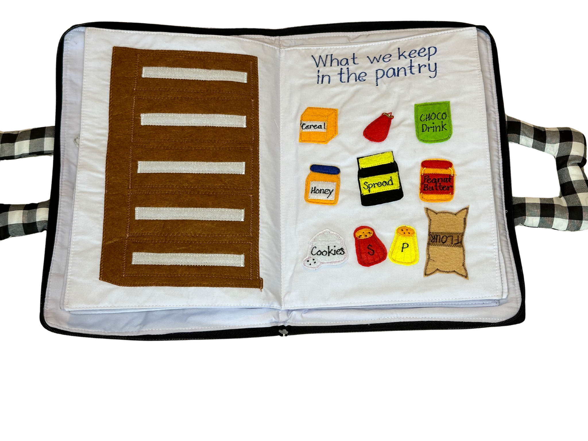 Close-up of Montessori kitchen quiet book fabric activity