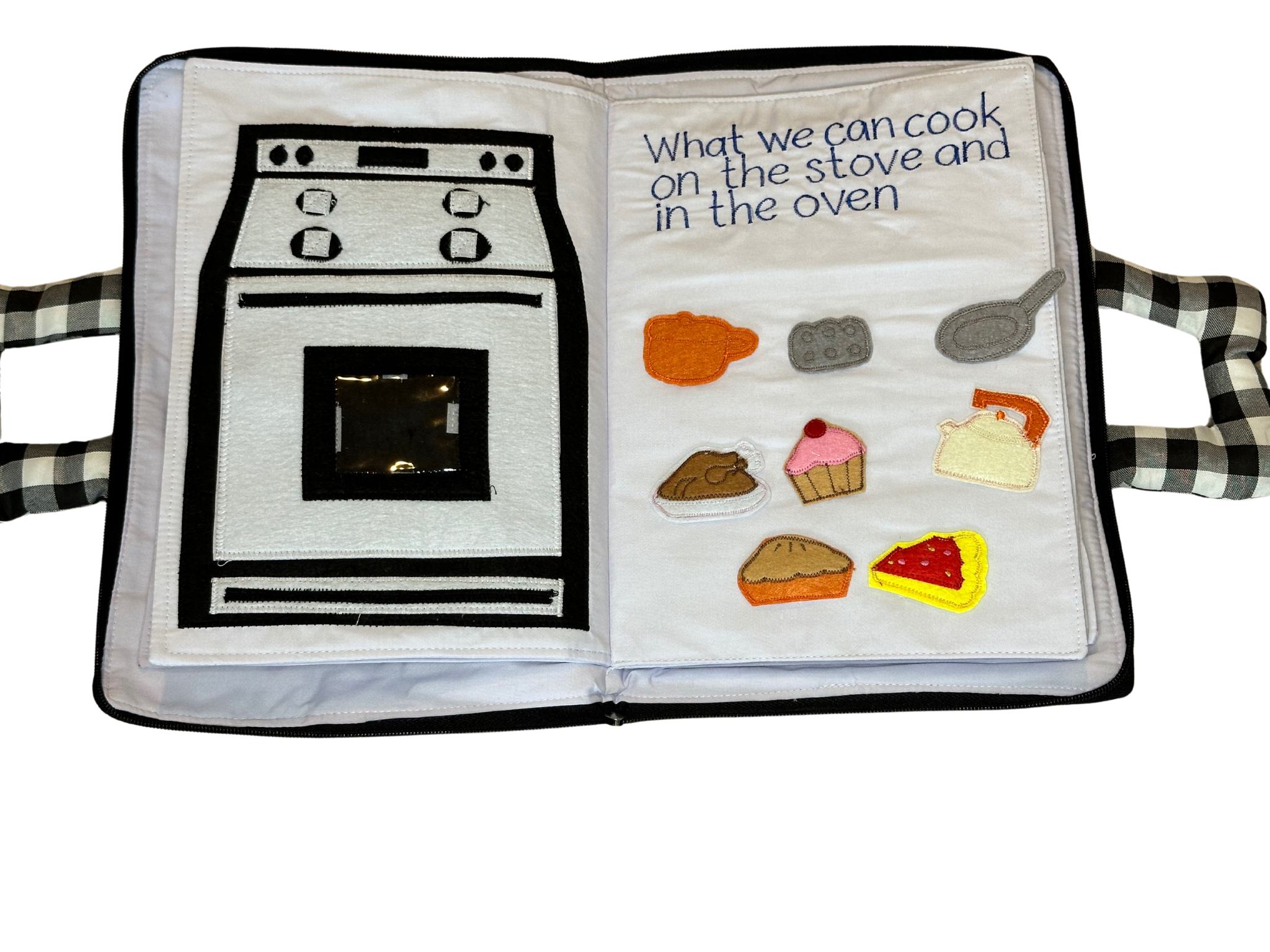 Montessori kitchen quiet book with food prep and sorting activities