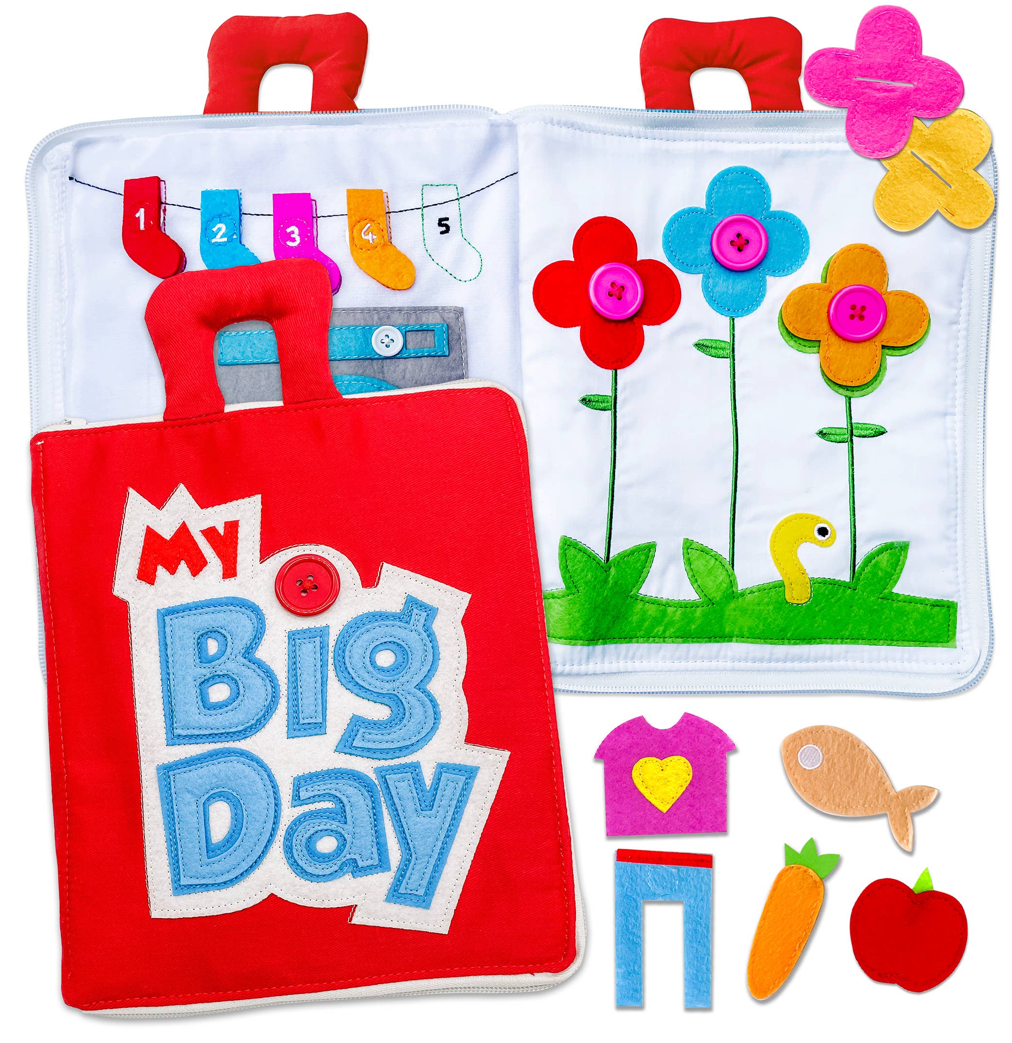 Close-up of My Big Day fabric quiet book with interactive pages - Red